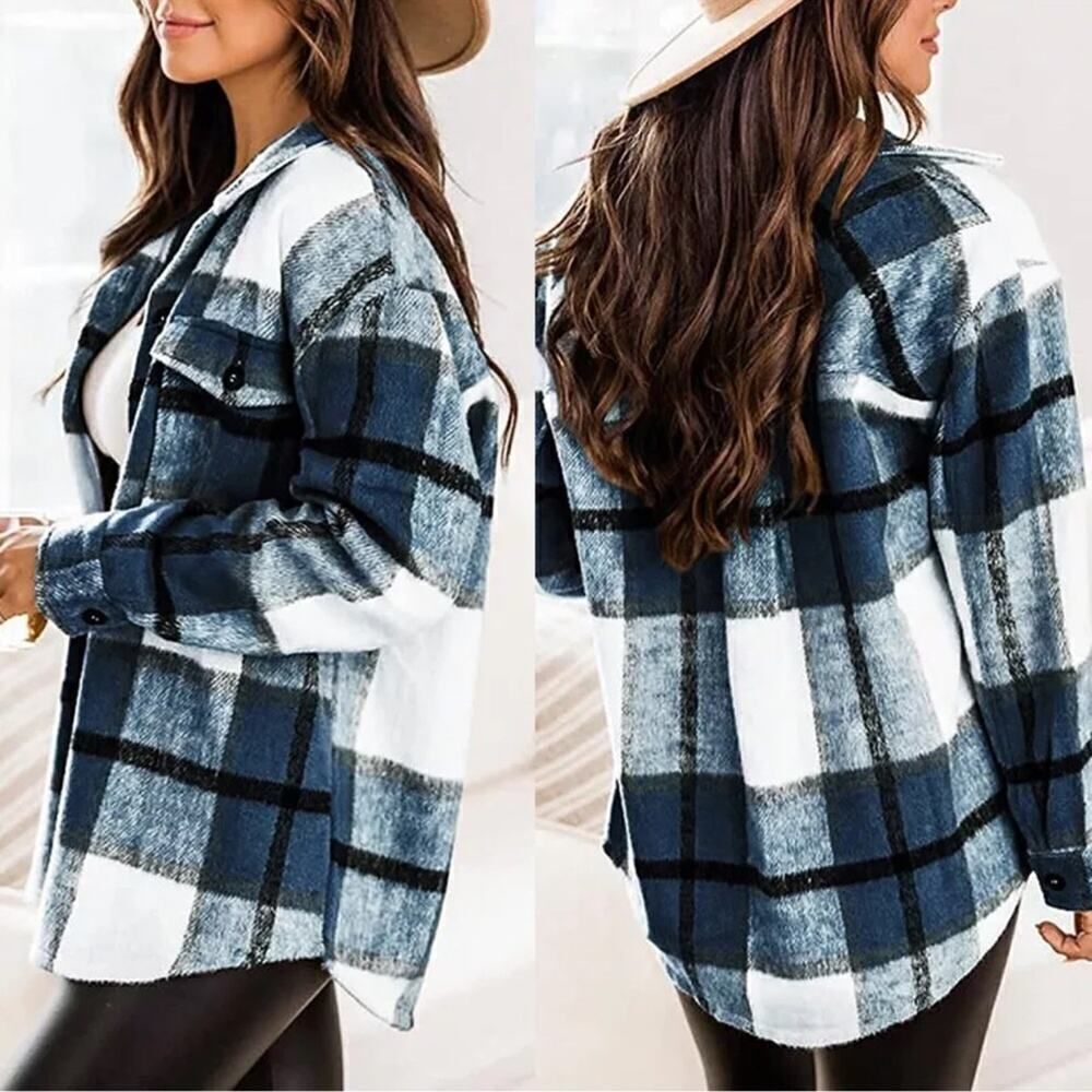 Blue Black Plaid Cozy Fleece Button Down Jacket